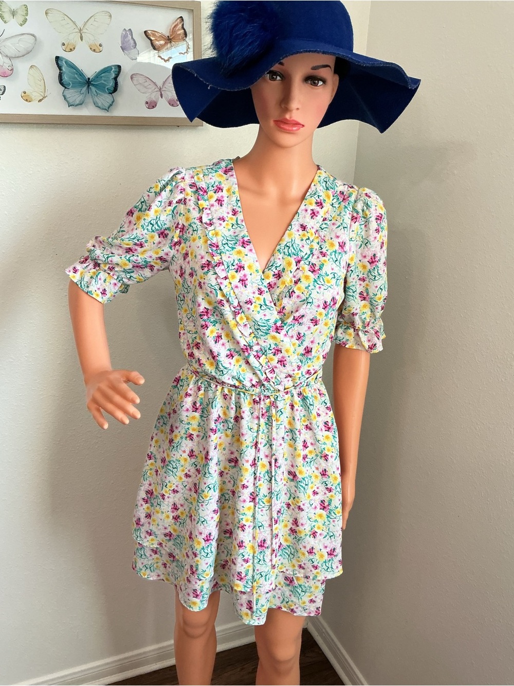 June & Hudson Floral Wrap Mini Dress White Pink Yellow Size S - Picture 3 of 11